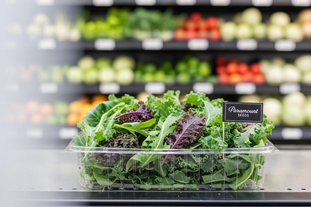 Fresh baby kale leaves in a premium clamshell container with Paramount Seeds branding, displayed in a refrigerated grocery store setting