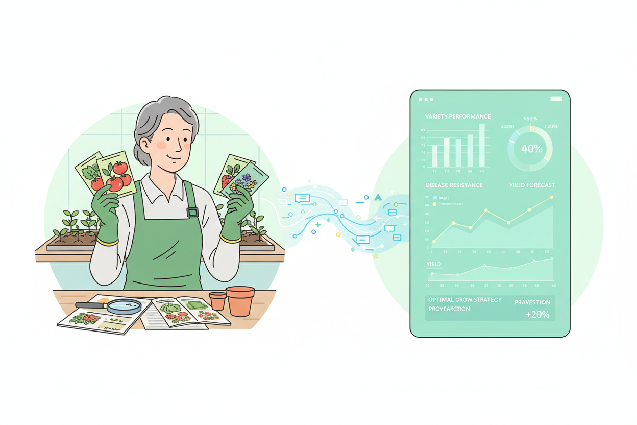 Infographic showing how AI-powered variety selection works in greenhouse production, with data inputs including climate conditions, market demand, disease resistance, yield history, and days to maturity