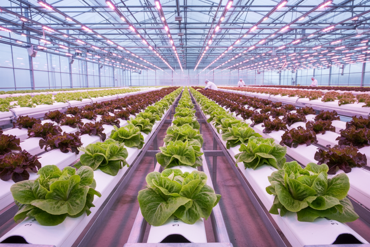 Multileaf lettuce growing in a greenhouse hydroponic system