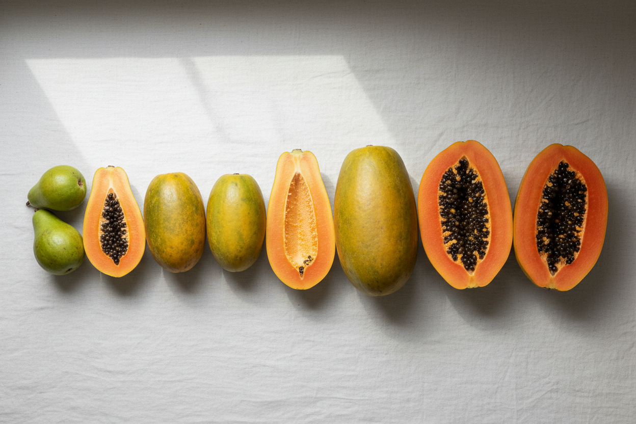 Assorted papaya varieties arranged by size and flesh color — red, orange, and pink-fleshed papayas from Paramount Seeds