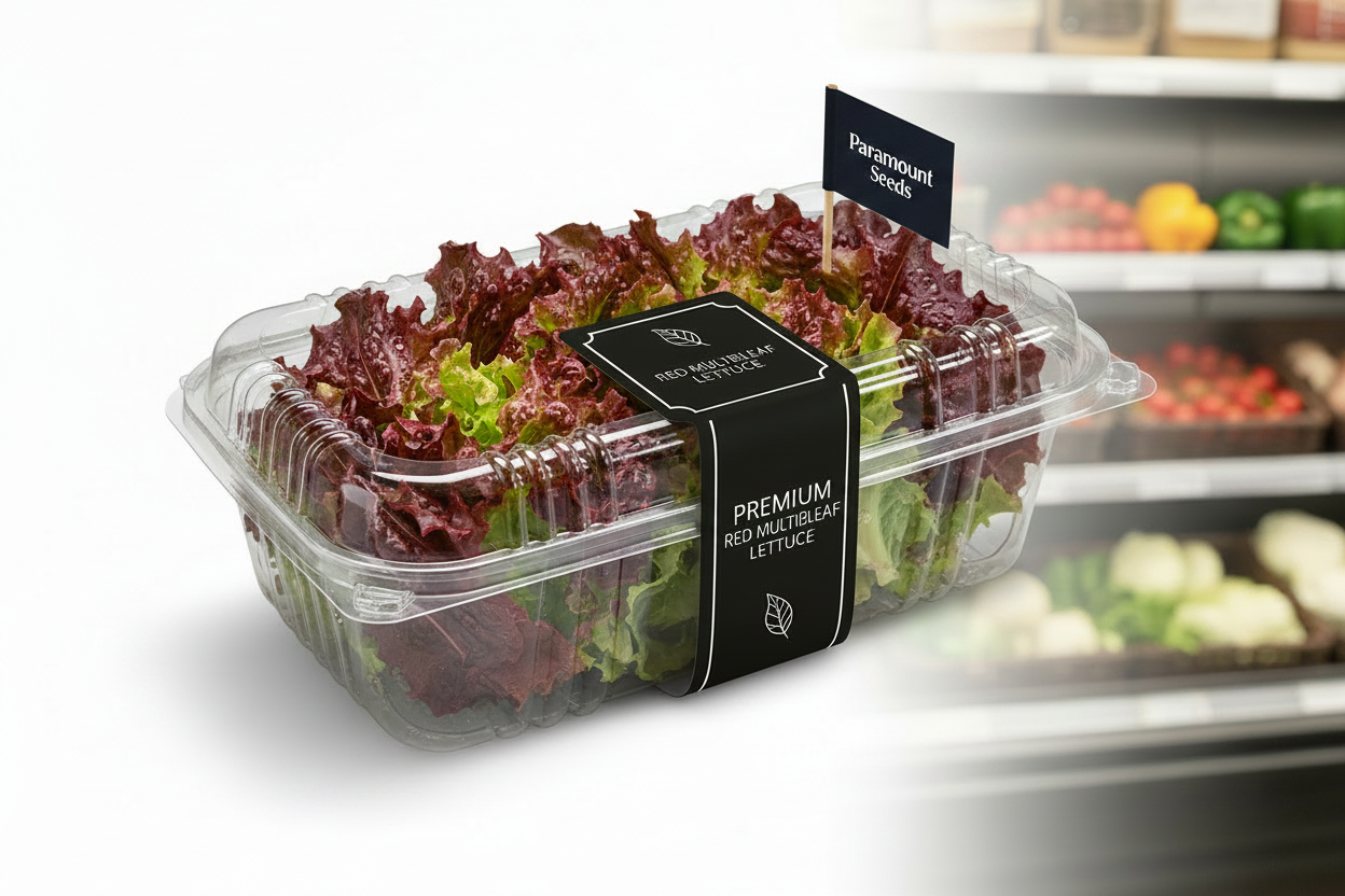 Fresh red multileaf lettuce in a premium clamshell container with Paramount Seeds branding, displayed in a refrigerated grocery store setting