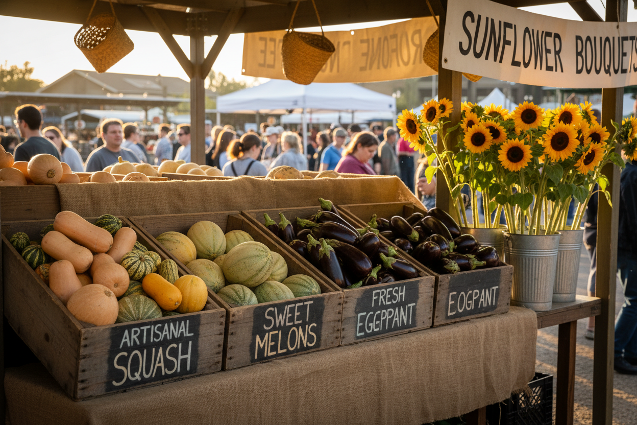 Squash, melon, eggplant, and sunflowers displayed as individual products at a farmers market stall