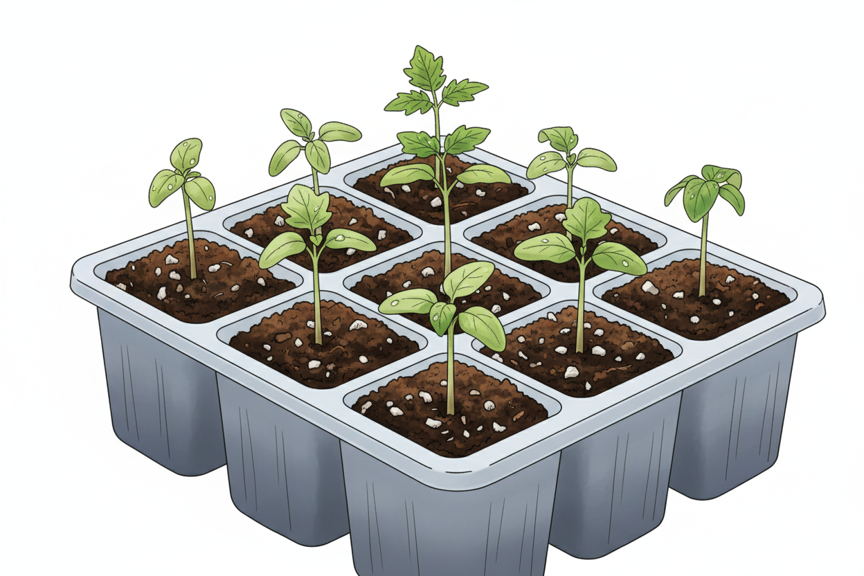 Small tomato seedlings emerging in a greenhouse propagation tray — Maxifort F1 rootstock by Paramount Seeds